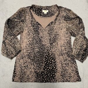 Maeve Anthropologie Top Small Animal Print V Neck Tie Peasant Boho Ruffle Sleeve